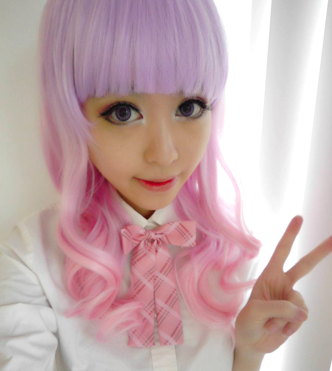 Kawaii Cute Soft Pink Pastel Harajuku Curly Sugar Wavy Ombre Lavender Wig - peachiieshop