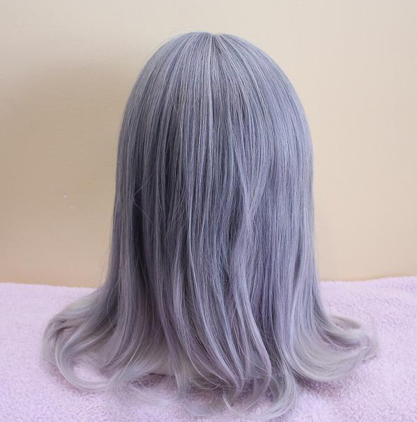 ANTIQUE MOON Silver Ombre Medium Length Ash Grey Wig with Bangs - peachiieshop