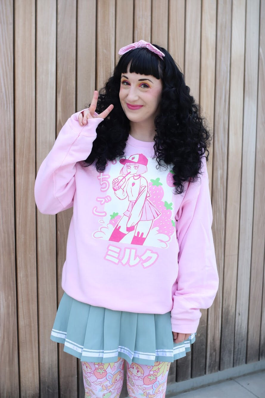 'ICHIGO MILK TEA / いちごミルク/ Strawberry Milk Tea Sweater Pink by Fawnbomb - peachiieshop