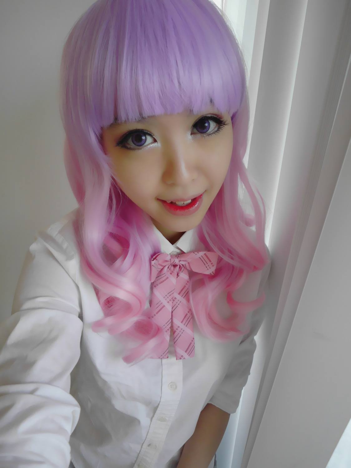 Kawaii Cute Soft Pink Pastel Harajuku Curly Sugar Wavy Ombre Lavender Wig - peachiieshop