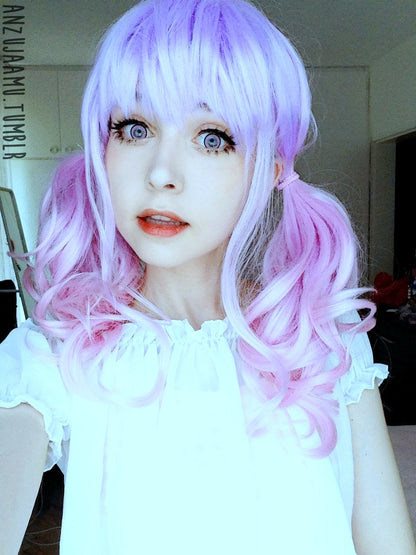 Kawaii Cute Soft Pink Pastel Harajuku Curly Sugar Wavy Ombre Lavender Wig - peachiieshop