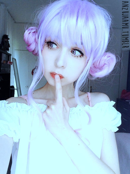 Kawaii Cute Soft Pink Pastel Harajuku Curly Sugar Wavy Ombre Lavender Wig - peachiieshop
