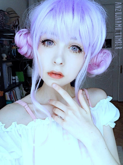Kawaii Cute Soft Pink Pastel Harajuku Curly Sugar Wavy Ombre Lavender Wig - peachiieshop