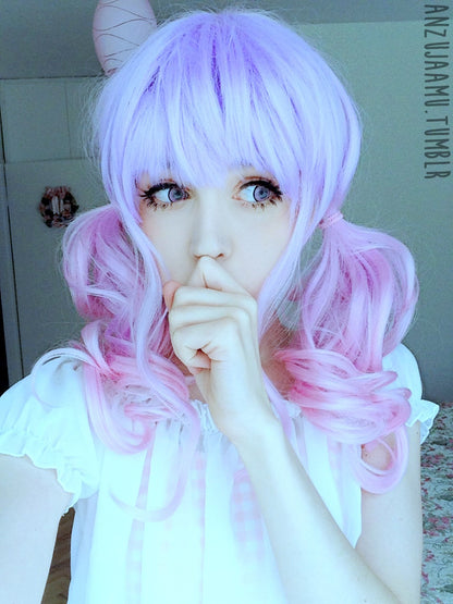 Kawaii Cute Soft Pink Pastel Harajuku Curly Sugar Wavy Ombre Lavender Wig - peachiieshop