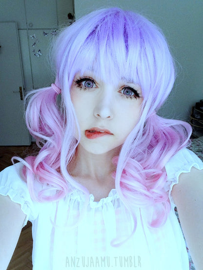 Kawaii Cute Soft Pink Pastel Harajuku Curly Sugar Wavy Ombre Lavender Wig - peachiieshop