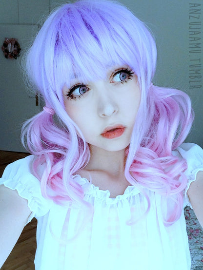 Kawaii Cute Soft Pink Pastel Harajuku Curly Sugar Wavy Ombre Lavender Wig - peachiieshop