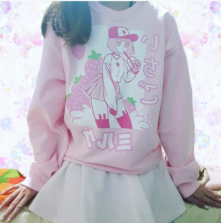 'ICHIGO MILK TEA / いちごミルク/ Strawberry Milk Tea Sweater Pink by Fawnbomb - peachiieshop