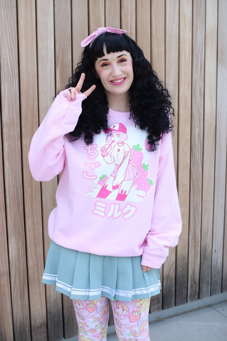 'ICHIGO MILK TEA / いちごミルク/ Strawberry Milk Tea Sweater Pink by Fawnbomb - peachiieshop