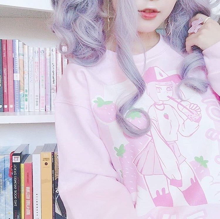 'ICHIGO MILK TEA / いちごミルク/ Strawberry Milk Tea Sweater Pink by Fawnbomb - peachiieshop