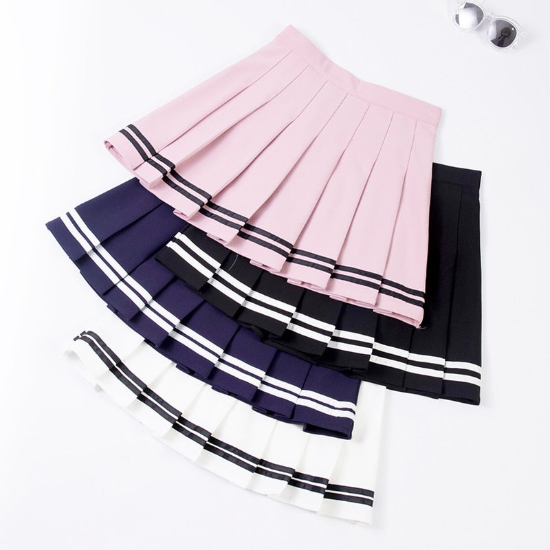 High Waisted Pleated Varsity Skirt (4 Colours) - peachiieshop