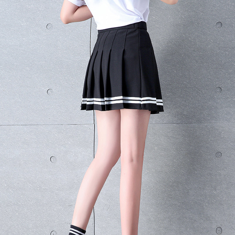 High Waisted Pleated Varsity Skirt (4 Colours) - peachiieshop