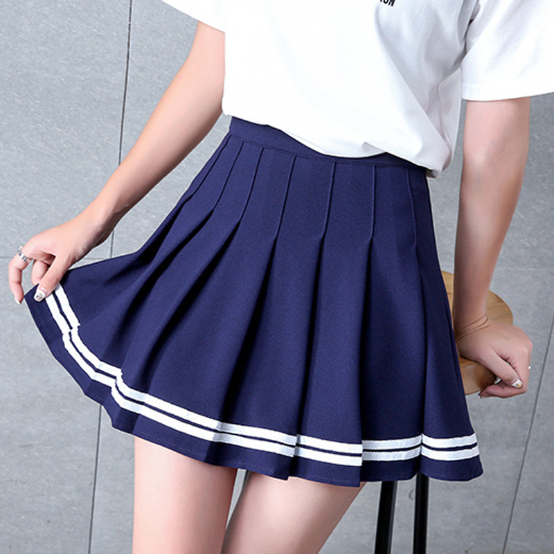 High Waisted Pleated Varsity Skirt (4 Colours) - peachiieshop