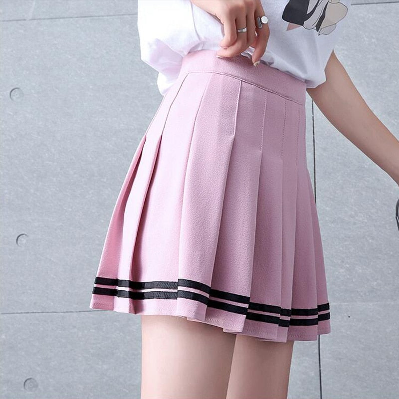 High Waisted Pleated Varsity Skirt (4 Colours) - peachiieshop