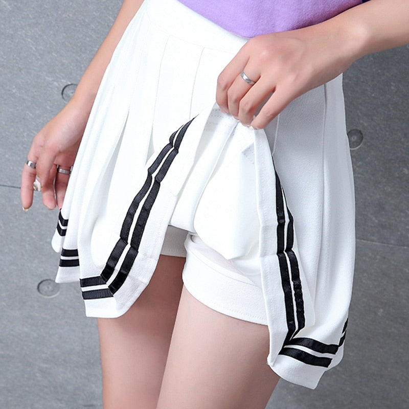 High Waisted Pleated Varsity Skirt (4 Colours) - peachiieshop