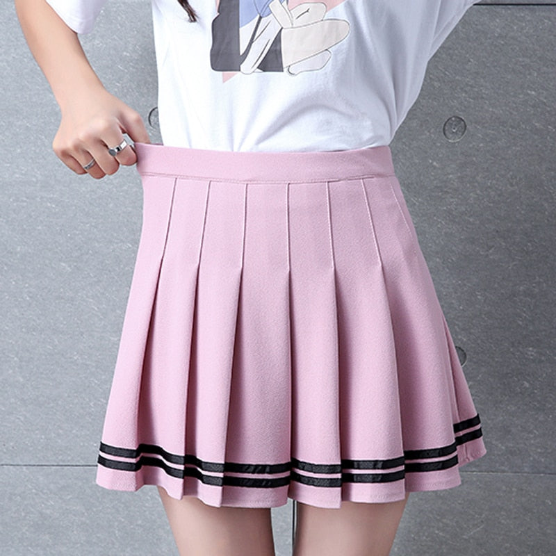 High Waisted Pleated Varsity Skirt (4 Colours) - peachiieshop