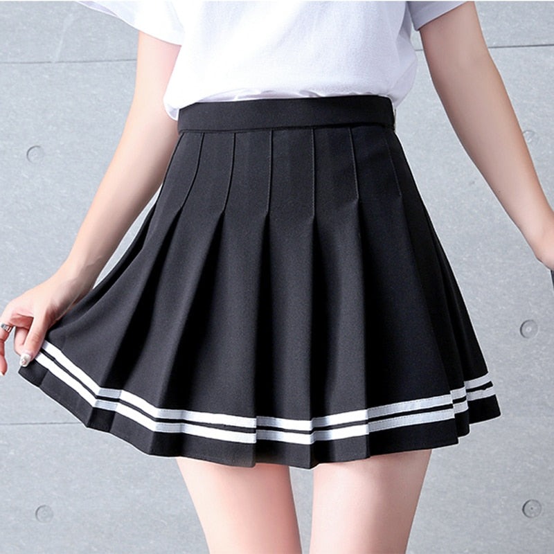 High Waisted Pleated Varsity Skirt (4 Colours) - peachiieshop