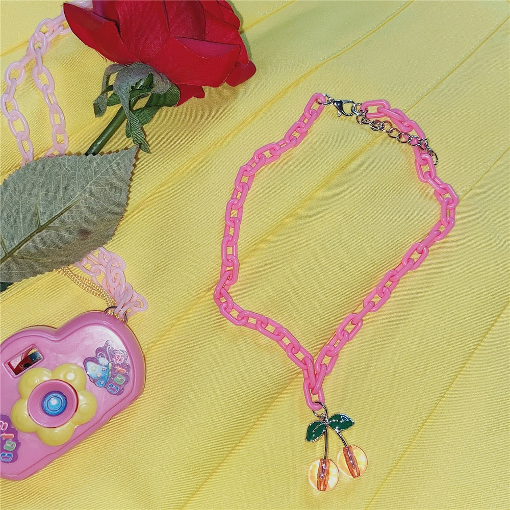 Pink Cherry Acrylic Chain Necklace